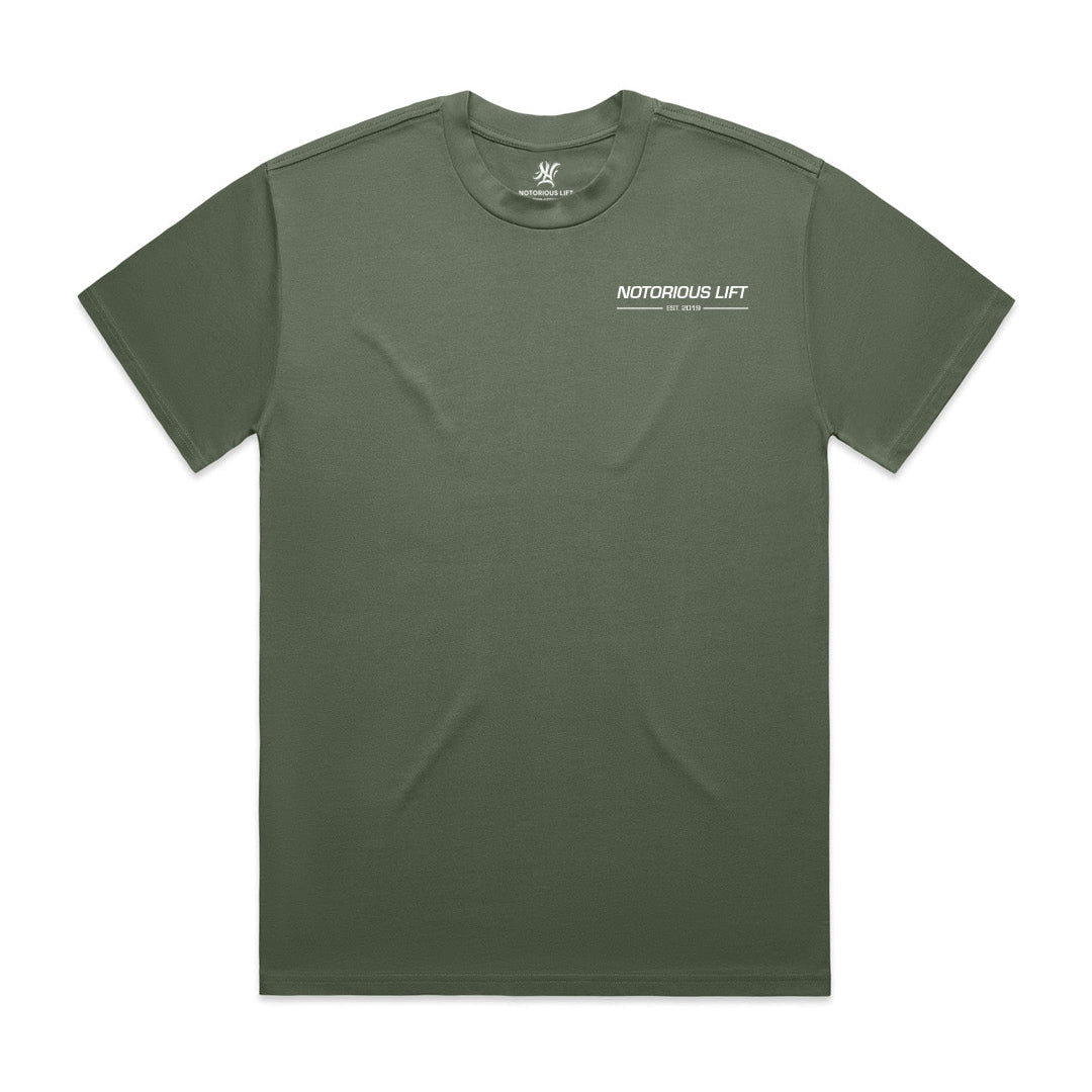 Green t-shirt with 'Notorious Lift' logo on a white background